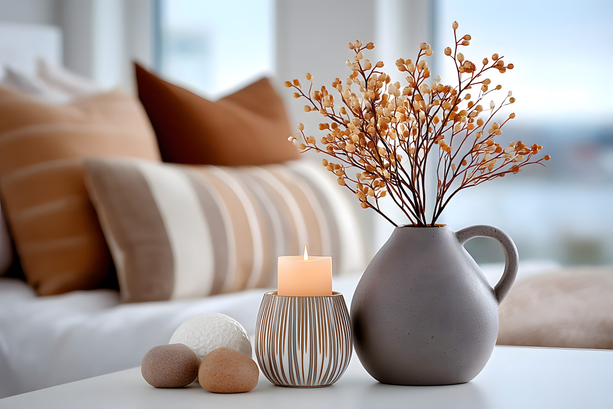 Cozy Autumn Living Room Decor with Candle and Vase for Relaxation and Warmth in Modern Interiors Generative AI Stylish autumn-themed decor featuring a gray vase with dried branches, a lit candle in a striped holder, and smooth stones on a white table. earth-toned cushions add warmth and comfort to the modern living room setting. Generative AI